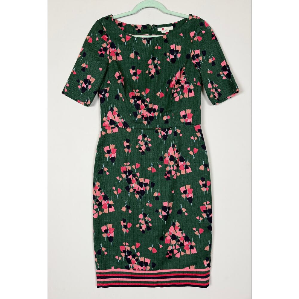 Boden Green Pink Floral Tulip Career Shift Dress Textured Cotton US 6R Romantic - Picture 2 of 13